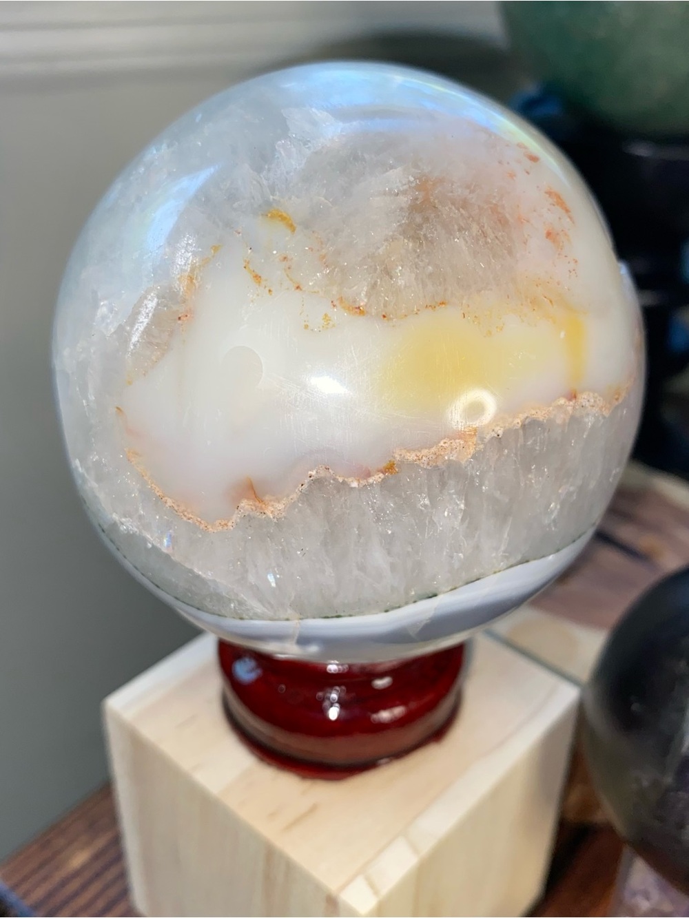 Large Natural Agate + Quartz Sphere | Blue Gray Chalcedony | Sparkly Druzy Cave - Picture 6 of 11